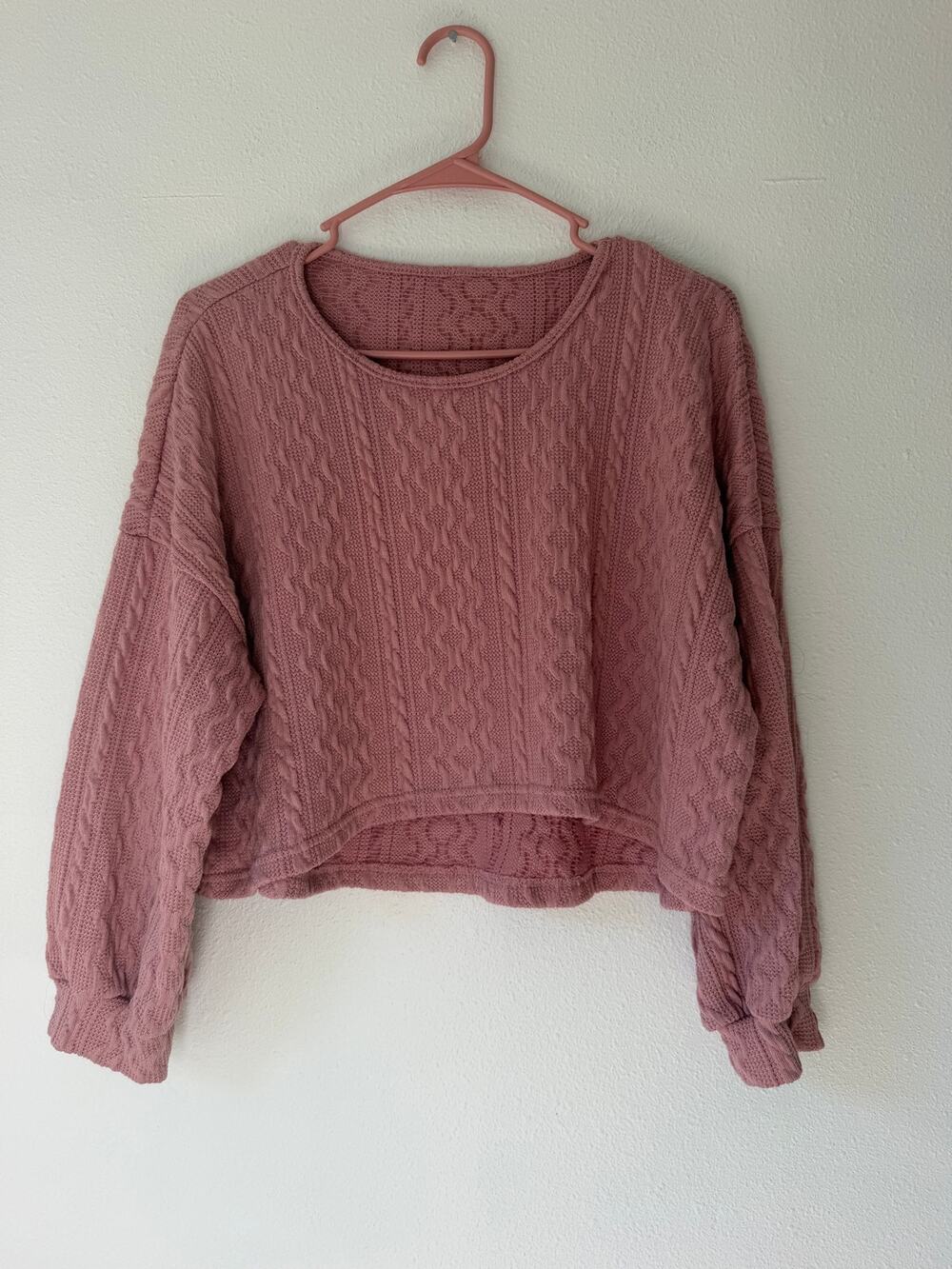 Pink Oversized Cable Knit Cropped Long Sleeve Sweater Pink Large Cozy Crew Neck